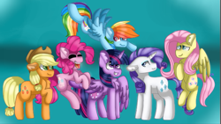 Size: 621x351 | Tagged: safe, artist:tater, character:applejack, character:fluttershy, character:pinkie pie, character:rainbow dash, character:rarity, character:twilight sparkle, character:twilight sparkle (alicorn), species:alicorn, species:earth pony, species:pegasus, species:pony, species:unicorn, abstract background, mane six