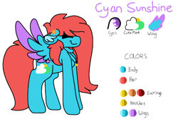 Size: 616x445 | Tagged: safe, artist:tater, oc, oc only, oc:cyan sunshine, species:pegasus, species:pony, ear piercing, earring, female, floppy ears, jewelry, necklace, pegasus oc, piercing, reference sheet, smiling, solo, two toned wings, wings