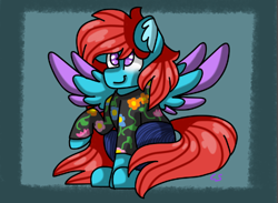 Size: 499x366 | Tagged: safe, artist:tater, oc, oc only, oc:cyan sunshine, species:pegasus, species:pony, clothing, female, one hoof raised, pegasus oc, solo, two toned wings, wings