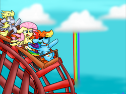 Size: 1064x796 | Tagged: safe, artist:tater, character:fluttershy, character:rainbow dash, species:pegasus, species:pony, chest fluff, cloud, floppy ears, hooves in air, rainbow, roller coaster, tongue out