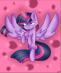 Size: 669x804 | Tagged: safe, artist:tater, character:twilight sparkle, character:twilight sparkle (alicorn), species:alicorn, species:pony, abstract background, chest fluff, female, flying, glowing horn, horn, solo