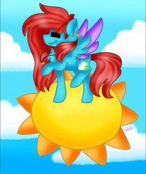 Size: 673x796 | Tagged: safe, artist:tater, oc, oc only, oc:cyan sunshine, species:pegasus, species:pony, ear piercing, earring, eyes closed, female, jewelry, necklace, pegasus oc, piercing, redraw, sky, solo, song reference, sun, tangible heavenly object, trotting, two toned wings, walking on sunshine, wings