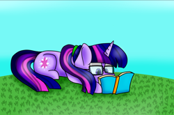 Size: 1210x801 | Tagged: safe, artist:tater, character:twilight sparkle, character:twilight sparkle (scitwi), species:pony, species:unicorn, my little pony:equestria girls, book, equestria girls ponified, female, glasses, grass, ponified, ponytail, reading, solo, unicorn sci-twi