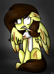 Size: 582x795 | Tagged: safe, artist:tater, oc, oc only, oc:white hershey, species:pegasus, species:pony, chocolate, clothing, female, floppy ears, food, knife, misleading thumbnail, mouth hold, pegasus oc, scarf, shrunken pupils, sitting, solo, wings