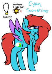 Size: 564x797 | Tagged: safe, artist:tater, oc, oc only, oc:cyan sunshine, species:pegasus, species:pony, chest fluff, ear piercing, earring, female, jewelry, necklace, no pupils, pegasus oc, piercing, reference sheet, smiling, solo, two toned wings, wings