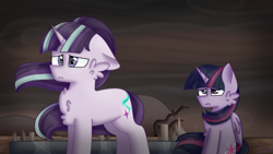 Size: 1700x956 | Tagged: safe, artist:tater, character:starlight glimmer, character:twilight sparkle, character:twilight sparkle (alicorn), species:alicorn, species:pony, species:unicorn, episode:the cutie re-mark, alternate timeline, ashlands timeline, barren, cheek fluff, chest fluff, duo, floppy ears, implied genocide, post-apocalyptic, s5 starlight, scene interpretation, wasteland