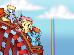 Size: 1024x767 | Tagged: safe, artist:tater, character:fluttershy, character:rainbow dash, species:pegasus, species:pony, chest fluff, cloud, covering eyes, floppy ears, hooves in air, rainbow, redraw, roller coaster, tongue out