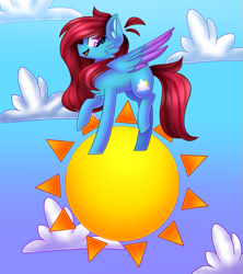 Size: 681x767 | Tagged: safe, artist:tater, oc, oc only, oc:cyan sunshine, species:pegasus, species:pony, cheek fluff, chest fluff, female, pegasus oc, redraw, sky, solo, song reference, sun, tangible heavenly object, trotting, two toned wings, walking on sunshine, wings