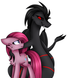 Size: 1280x1476 | Tagged: safe, artist:tater, character:pinkamena diane pie, character:pinkie pie, oc, oc:plague, species:earth pony, species:pony, comic:the six-winged serpent, black sclera, cheek fluff, chest fluff, claws, duo, fangs, grimdark series, grotesque series, oc villain, original species, red eyes, simple background, transparent background, wings