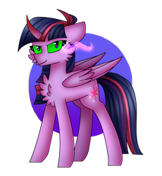Size: 772x840 | Tagged: safe, artist:tater, character:twilight sparkle, character:twilight sparkle (alicorn), species:alicorn, species:pony, cheek fluff, chest fluff, circle background, colored horn, corrupted twilight sparkle, curved horn, dark magic, female, floppy ears, glowing eyes, grin, horn, magic, mare, mind control, simple background, smiling, solo, sombra eyes, sombra horn, sombrafied, stray strand, transparent background