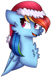 Size: 528x797 | Tagged: safe, artist:tater, character:rainbow dash, species:pegasus, species:pony, bust, cheek fluff, chest fluff, christmas, clothing, female, floppy ears, hat, holiday, santa hat, simple background, solo, transparent background