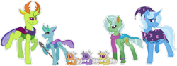 Size: 1024x387 | Tagged: safe, artist:king-justin, character:thorax, character:trixie, oc, oc:humerus, oc:marrow, oc:osteoclasts, oc:rickets, oc:white blood, parent:thorax, parent:trixie, parents:thoraxie, species:changeling, species:changepony, species:reformed changeling, clothing, family, female, hybrid, interspecies offspring, male, offspring, scarf, shipping, simple background, spear, straight, thoraxie, transparent background, weapon