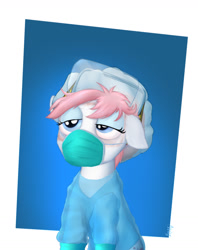 Size: 920x1162 | Tagged: safe, artist:anonyxnugax, character:nurse redheart, species:earth pony, species:pony, abstract background, bags under eyes, coronavirus, covid-19, female, gloves, goggles, hoof gloves, hospital gown, mare, mask, n95, nurse, ppe, rubber gloves, solo, tired