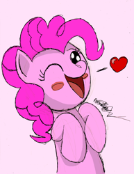 Size: 1170x1514 | Tagged: safe, artist:primogenitor34, character:pinkie pie, blushing, heart, rearing, simple background, winking at you