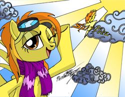 Size: 1200x930 | Tagged: safe, artist:primogenitor34, character:spitfire, clothing, cloud, goggles, one eye closed, scarf, sun