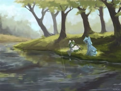 Size: 8000x6000 | Tagged: safe, artist:aoiyui, oc, oc only, oc:bluebreeze, oc:zephyr cloudrunner, species:pegasus, species:pony, absurd resolution, duo, fishing, fishing rod, looking at each other, river, scenery, tree