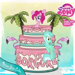 Size: 1000x1000 | Tagged: safe, artist:shadowbolt240z, edit, character:lyra heartstrings, character:pinkie pie, album cover, cake, flamingo, palm tree, photoshop, pop out cake, sitting lyra, tree
