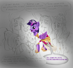 Size: 2466x2311 | Tagged: safe, artist:jac59col, character:night light, character:princess cadance, character:shining armor, character:spike, character:twilight sparkle, character:twilight sparkle (alicorn), character:twilight velvet, species:alicorn, species:pony, clothing, comic sans, coronation dress, crying, dress, tears of joy, text, unfinished art