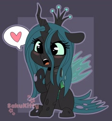 Size: 1900x2048 | Tagged: safe, artist:sakukitty, character:queen chrysalis, species:changeling, angry, blushing, changeling queen, chibi, crown, cute, cute little fangs, cutealis, dialogue, fangs, female, floppy ears, heart, jewelry, madorable, open mouth, pictogram, regalia, sitting, solo, speech bubble