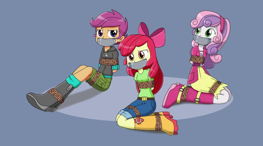 Size: 872x486 | Tagged: safe, artist:nivek15, artist:sonicrock56, character:apple bloom, character:scootaloo, character:sweetie belle, my little pony:equestria girls, animated, arm behind back, blinking, bloomsub, bondage, boots, bound, bound and gagged, bow, clothing, cutie mark crusaders, female, femsub, gag, gif, gray background, jeans, pants, rope, rope bondage, scootasub, shoes, shorts, simple background, skirt, struggling, submissive, sweetiesub, tape, tape gag