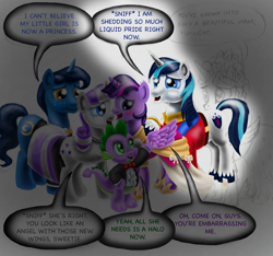 Size: 2466x2311 | Tagged: safe, artist:jac59col, character:night light, character:princess cadance, character:shining armor, character:spike, character:twilight sparkle, character:twilight sparkle (alicorn), character:twilight velvet, species:alicorn, species:pony, clothing, comic, coronation dress, crying, dress, liquid pride, tears of joy, wip