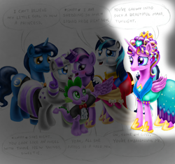 Size: 2466x2311 | Tagged: safe, artist:jac59col, character:night light, character:princess cadance, character:shining armor, character:spike, character:twilight sparkle, character:twilight sparkle (alicorn), character:twilight velvet, species:alicorn, species:dragon, species:pony, species:unicorn, clothing, coronation dress, crying, dress, liquid pride, tears of joy, wip