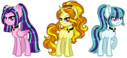 Size: 1280x586 | Tagged: safe, artist:fantarianna, character:adagio dazzle, character:aria blaze, character:sonata dusk, species:earth pony, species:pegasus, species:pony, species:unicorn, equestria girls:rainbow rocks, g4, my little pony: equestria girls, my little pony:equestria girls, equestria girls ponified, female, gem, mare, pigtails, ponified, ponytail, simple background, siren gem, the dazzlings, transparent background, trio, twintails