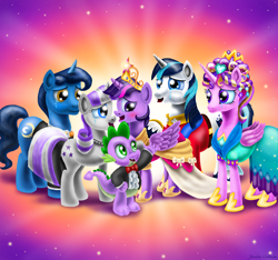 Size: 2466x2311 | Tagged: safe, alternate version, artist:jac59col, character:night light, character:princess cadance, character:shining armor, character:spike, character:twilight sparkle, character:twilight sparkle (alicorn), character:twilight velvet, species:alicorn, species:pony, episode:magical mystery cure, g4, my little pony: friendship is magic, big crown thingy, clothing, coronation dress, crying, dress, element of magic, jewelry, liquid pride, regalia, tears of joy