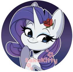 Size: 1024x1016 | Tagged: safe, artist:sakukitty, character:rarity, species:pony, species:unicorn, bust, button, cute, female, flower, flower in hair, mare, obtrusive watermark, portrait, raribetes, rose, solo, watermark
