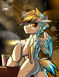 Size: 1533x2000 | Tagged: safe, artist:movieskywalker, derpibooru original, oc, oc only, species:pegasus, species:pony, blank flank, butt, looking at you, looking back, looking back at you, male, pegasus oc, pinup, red wine, smiling, smiling at you, solo, stallion, table, wings
