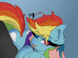Size: 4703x3534 | Tagged: safe, artist:lunarcipher1, character:rainbow dash, species:human, species:pegasus, species:pony, both cutie marks, cuddling, female, long mane, looking at you, mare, one eye closed, petting, tongue out