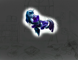Size: 3300x2550 | Tagged: safe, artist:jac59col, character:shining armor, character:twilight sparkle, character:twilight sparkle (alicorn), species:alicorn, species:pony, species:unicorn, bbbff, book, bookshelf, canterlot, cuddling, night, playstation, room, siblings, super nintendo, television, wip