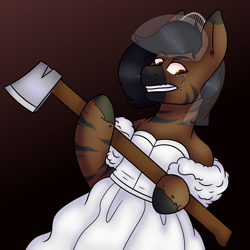 Size: 3000x3000 | Tagged: safe, artist:cinnerroll, oc, species:zebra, axe, clothing, crying, dress, solo, song reference, stripes, weapon, wedding dress, zebra oc
