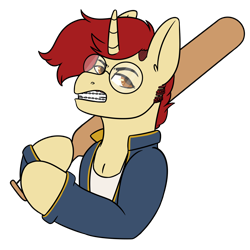 Size: 3000x3000 | Tagged: safe, artist:cinnerroll, oc, oc only, oc:vanil, species:pony, species:unicorn, baseball bat, braces, clothing, delinquent, female, glasses, jacket, mare, simple background, solo, transparent background