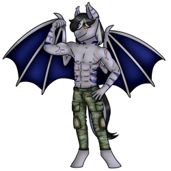 Size: 3000x3000 | Tagged: safe, artist:cinnerroll, oc, oc only, oc:lt buster, species:anthro, species:bat pony, species:pony, armpits, clothing, partial nudity, simple background, solo, topless, transparent background