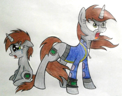 Size: 1191x937 | Tagged: safe, artist:mlptmntdisneykauane, oc, oc only, oc:littlepip, species:pony, species:unicorn, fallout equestria, angry, clothing, crying, fanfic, fanfic art, female, filly, floppy ears, foal, hooves, horn, mare, pipbuck, ponidox, sad, self ponidox, simple background, sitting, song in the description, standing, traditional art, vault suit, white background