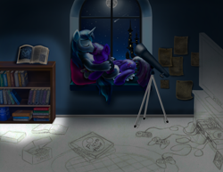 Size: 3300x2550 | Tagged: safe, artist:jac59col, character:shining armor, character:smarty pants, character:twilight sparkle, character:twilight sparkle (alicorn), species:alicorn, species:pony, species:unicorn, bedroom, book, bookshelf, canterlot, cuddling, full moon, moon, night, playstation, siblings, super nintendo, telescope, television, the lion king