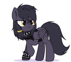 Size: 2400x2096 | Tagged: safe, artist:alfury, oc, oc:mir, species:pegasus, species:pony, bracelet, choker, clothing, female, frown, hard rock, heavy metal, jacket, jewelry, leather jacket, leg lifted, messy mane, metal, punk rock, punk rock outfit, scrunchy face, shadow, simple background, transparent background