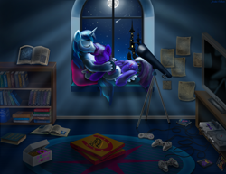 Size: 3300x2550 | Tagged: safe, artist:jac59col, character:shining armor, character:smarty pants, character:twilight sparkle, character:twilight sparkle (alicorn), species:alicorn, species:pony, species:unicorn, bbbff, book, bookshelf, brother and sister, canterlot, crash bandicoot, cuddling, donut, female, food, full moon, male, moon, night, paper, pizza, playstation, siblings, sparkle siblings, spyro the dragon, star fox, super nintendo, telescope, the lion king, video game