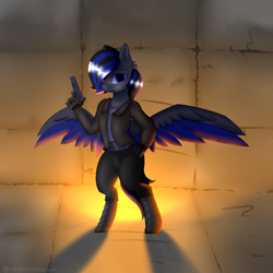 Size: 2000x2000 | Tagged: safe, artist:endelthepegasus, oc, oc only, species:hippogriff, clothing, female, hippogriff oc, hybrid, jacket, solo, spread wings, weapon, wings