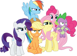 Size: 7420x5370 | Tagged: safe, artist:steyrrdash, character:applejack, character:fluttershy, character:pinkie pie, character:rainbow dash, character:rarity, character:spike, species:dragon, species:earth pony, species:pegasus, species:pony, species:unicorn, episode:the ending of the end, g4, my little pony: friendship is magic, absurd resolution, angry, crying, pouting, simple background, teary eyes, transparent background, vector, winged spike