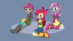 Size: 1280x720 | Tagged: safe, artist:nivek15, artist:sonicrock56, character:apple bloom, character:scootaloo, character:sweetie belle, my little pony:equestria girls, animated, arm behind back, blinking, bondage, boots, bound, bound and gagged, bow, clothing, cutie mark crusaders, female, gag, gray background, jeans, muffled words, pants, rope, rope bondage, shoes, shorts, simple background, skirt, sound, struggling, tape, tape gag, tied up, webm