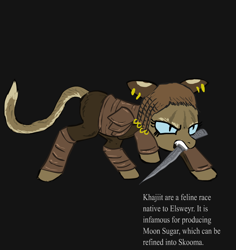 Size: 850x900 | Tagged: safe, artist:glue123, species:pony, black background, blade, ear piercing, earring, jewelry, khajiit, mouth hold, piercing, ponified, simple background, skyrim, solo, the elder scrolls, weapon