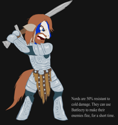 Size: 850x900 | Tagged: safe, artist:glue123, species:earth pony, species:pony, armor, beard, bipedal, black background, dexterous hooves, facial hair, hoof hold, human pose, male, nord, ponified, simple background, skyrim, solo, stallion, sword, the elder scrolls, weapon