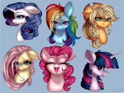 Size: 2048x1536 | Tagged: safe, artist:pearl123_art, character:applejack, character:fluttershy, character:pinkie pie, character:rainbow dash, character:rarity, character:twilight sparkle, species:pony, blue background, bust, cute, eye clipping through hair, eyes closed, female, looking at you, mane six, mare, open mouth, portrait, profile, simple background