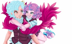 Size: 1280x788 | Tagged: safe, artist:jennobasilicum, character:cozy glow, character:princess flurry heart, species:human, ship:cozyheart, my little pony:equestria girls, blushing, cape, clothing, crystal prep academy uniform, equestria girls-ified, female, freckles, hug, human coloration, humanized, lesbian, older, school uniform, shipping, shirt, shoes, simple background, skirt, sneakers, socks, vest, white background