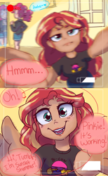 Size: 1280x2080 | Tagged: safe, artist:ask-sunpie, artist:wimsie, character:pinkie pie, character:sunset shimmer, species:human, ship:sunsetpie, bi sunset, bisexual pride flag, camera shot, clothing, comic, denim shorts, dialogue, female, heart, humanized, jacket, lesbian, mirror, pants, pride, pride flag, shipping, shirt, shorts, smiling, tumblr:ask sunpie