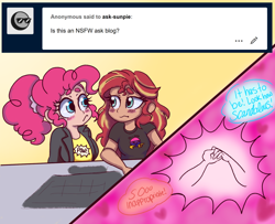 Size: 1280x1040 | Tagged: safe, artist:ask-sunpie, artist:wimsie, character:pinkie pie, character:sunset shimmer, species:human, ship:sunsetpie, ask, bisexual pride flag, blushing, clothing, dialogue, female, heart, holding hands, humanized, jacket, lesbian, ponytail, pride, pride flag, shipping, shirt, tumblr:ask sunpie