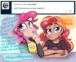 Size: 1280x1040 | Tagged: safe, artist:ask-sunpie, artist:wimsie, character:pinkie pie, character:sunset shimmer, species:human, ship:sunsetpie, ask, bi sunset, bisexual pride flag, clothing, dialogue, female, humanized, jacket, lesbian, ponytail, pride, pride flag, shipping, shirt, tumblr:ask sunpie