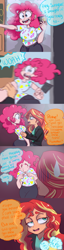 Size: 1280x5008 | Tagged: safe, artist:ask-sunpie, artist:wimsie, character:pinkie pie, character:sunset shimmer, species:human, ship:sunsetpie, bags under eyes, clothing, comic, dialogue, female, humanized, jacket, lesbian, pants, rubber duck, shipping, shirt, sweat, sweatdrop, tumblr:ask sunpie, video game